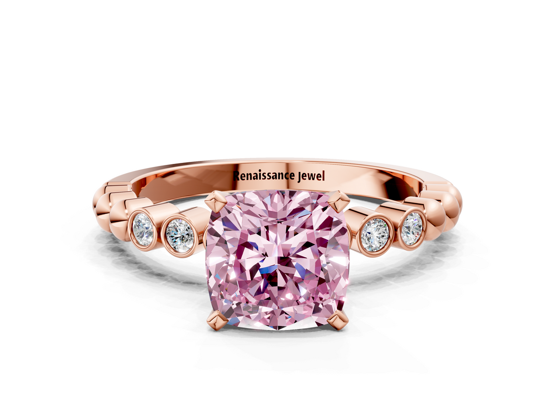 Rose gold Fancy Pink Cushion  Solitaire Bezel Accent Diamond Engagement Ring with Beaded Band and Four-Prong Setting_55