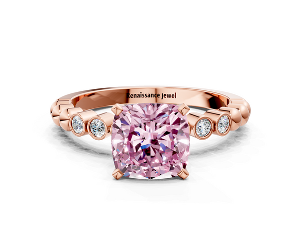 Rose gold Fancy Pink Cushion  Solitaire Bezel Accent Diamond Engagement Ring with Beaded Band and Four-Prong Setting