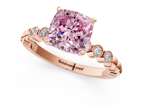 Rose gold Fancy Pink Cushion  Solitaire Bezel Accent Diamond Engagement Ring with Beaded Band and Four-Prong Setting