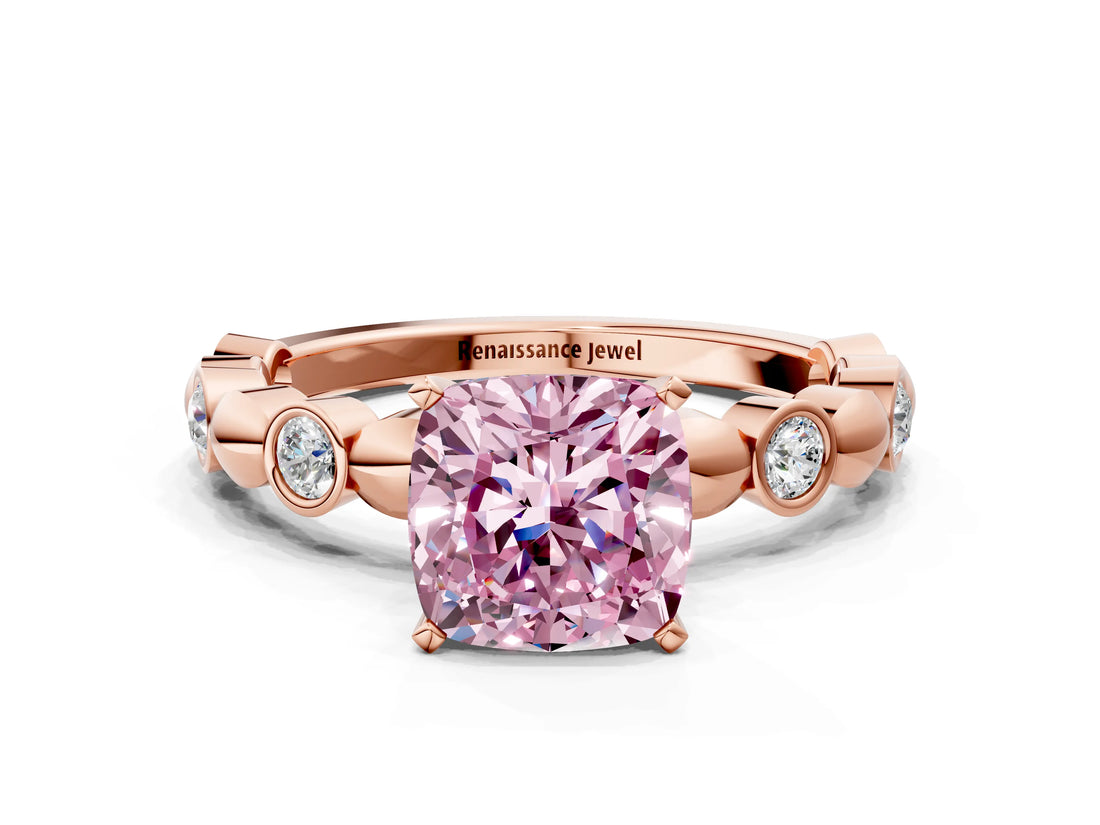 Rose gold Fancy Pink Cushion  Solitaire Bezel-Set Diamond Ring with Beaded Band and Four-Prong Setting_31