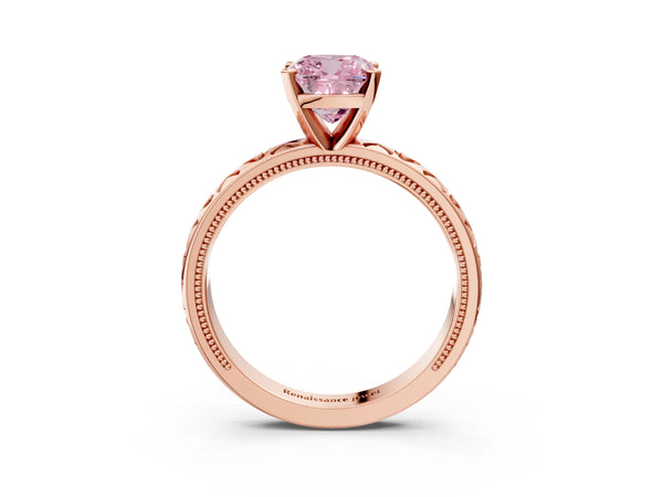 Rose gold Fancy Pink Cushion  Solitaire Diamond Engagement Ring with XO Engraved Band and Four-Prong Setting