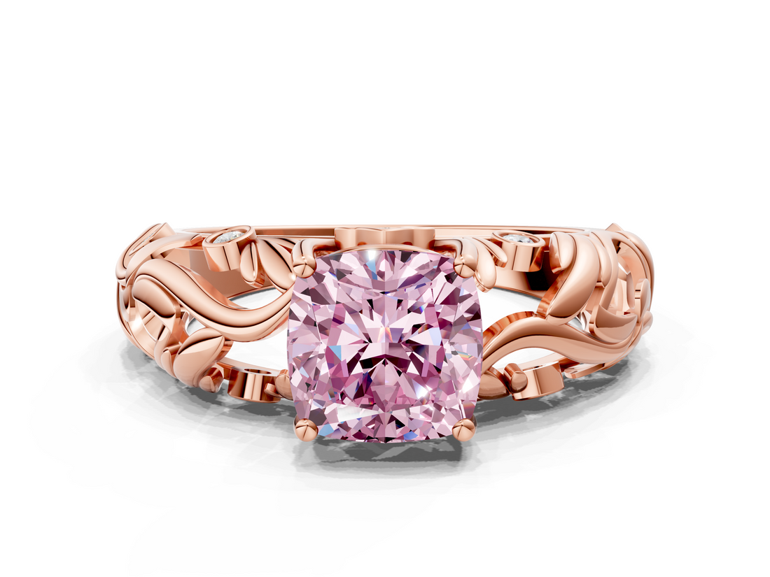 Rose gold Fancy Pink Cushion  Solitaire Diamond Leaf Vine Band with Prong Setting_45