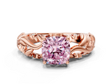 Rose gold Fancy Pink Cushion  Solitaire Diamond Leaf Vine Band with Prong Setting_45
