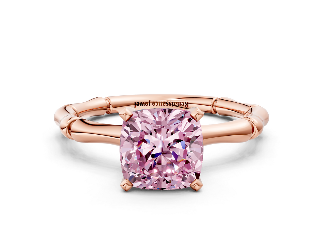 Rose gold Fancy Pink Cushion  Solitaire Diamond Ring with Bamboo Band and Four-Prong Setting_51