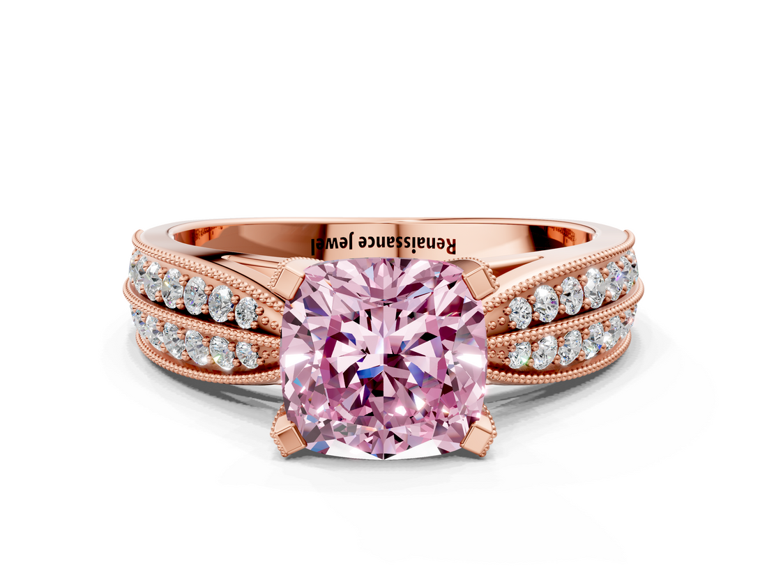 Rose gold Fancy Pink Cushion  Solitaire Diamond Ring with Milgrain Pavé Band and Four-Prong Setting_20