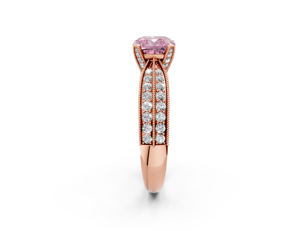 Rose gold Fancy Pink Cushion  Solitaire Diamond Ring with Milgrain Pavé Band and Four-Prong Setting