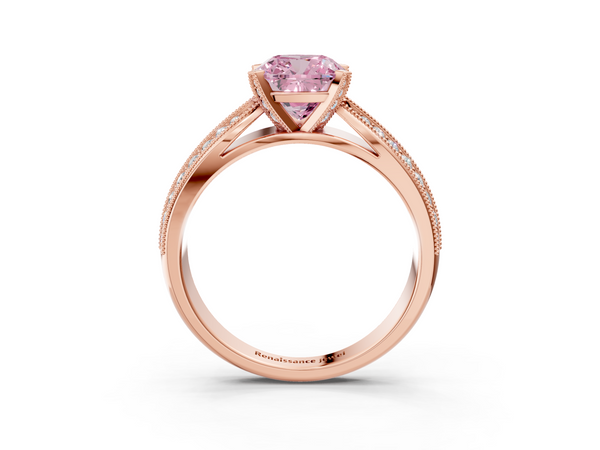 Rose gold Fancy Pink Cushion  Solitaire Diamond Ring with Milgrain Pavé Band and Four-Prong Setting