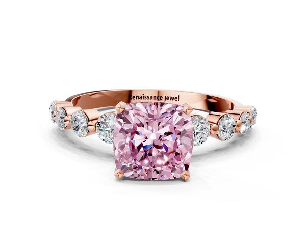 Rose gold Fancy Pink Cushion Cut Solitaire Diamond Ring with Pave Band and Four-Prong Setting