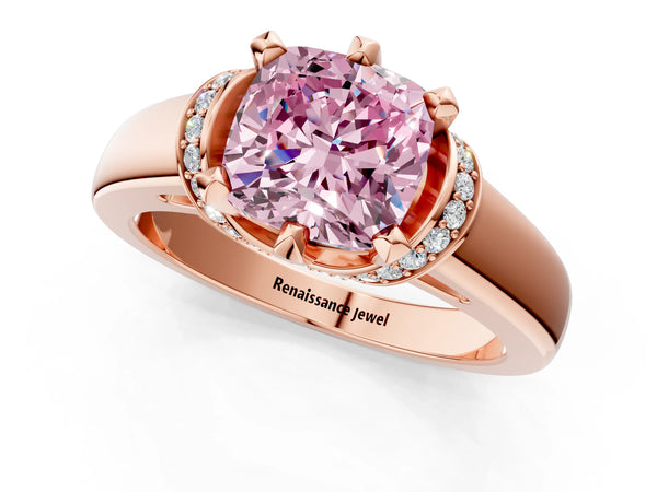 Rose gold Fancy Pink Cushion  Solitaire Diamond Ring with Pave Band and Six-Prong Setting