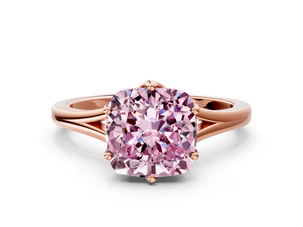 Rose gold Fancy Pink Cushion  Solitaire Diamond Ring with Six-Prong Setting and Tapered Band