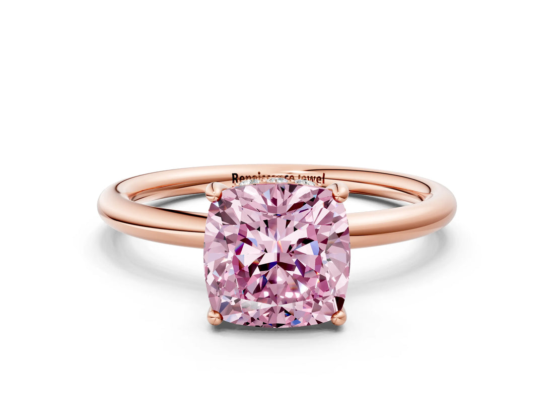 Rose gold Fancy Pink Cushion  Solitaire Diamond Ring with a Classic Band and Four-Prong Setting