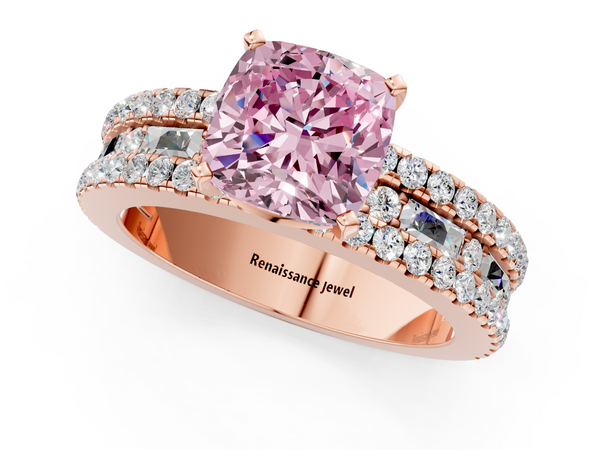 Rose gold Fancy Pink Cushion Cut Diamond Solitaire Ring with Pavé and Channel Set Band