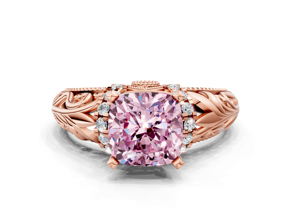 Rose gold Fancy Pink Cushion  Solitaire Filigree Engagement Ring with Halo and Prong Setting