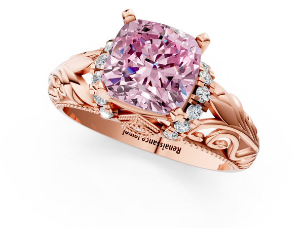 Rose gold Fancy Pink Cushion  Solitaire Filigree Engagement Ring with Halo and Prong Setting