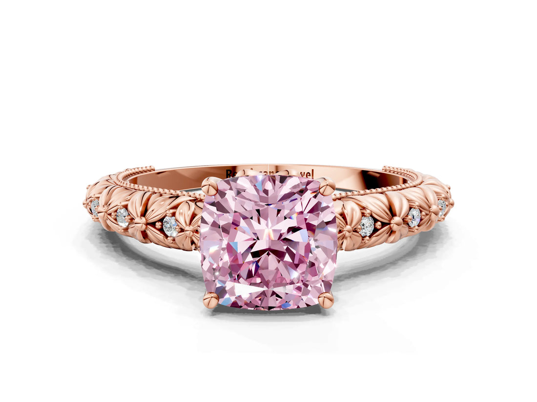 Rose gold Fancy Pink Cushion  Solitaire Floral Milgrain Engagement Ring_28