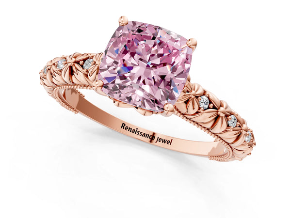 Rose gold Fancy Pink Cushion  Solitaire Floral Milgrain Engagement Ring