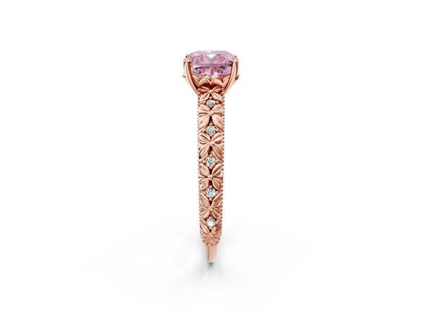 Rose gold Fancy Pink Cushion  Solitaire Floral Milgrain Engagement Ring