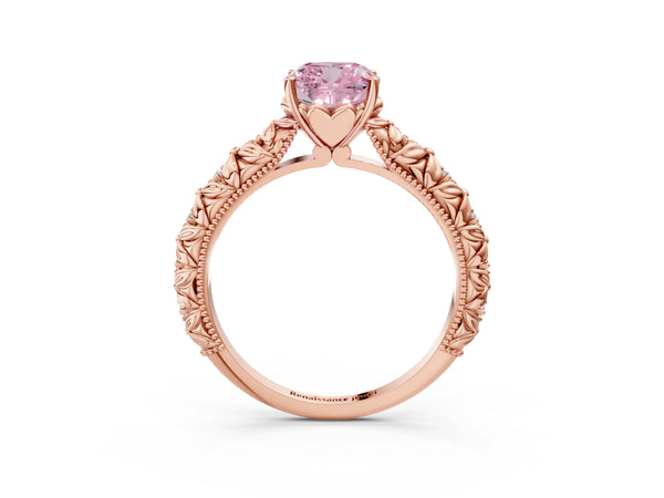 Rose gold Fancy Pink Cushion  Solitaire Floral Milgrain Engagement Ring