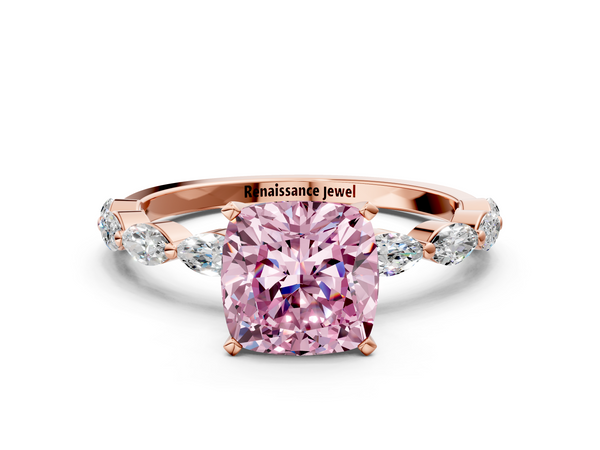 Rose gold Fancy Pink Cushion Cut Diamond Ring with Marquise Side Stones and Prong Setting