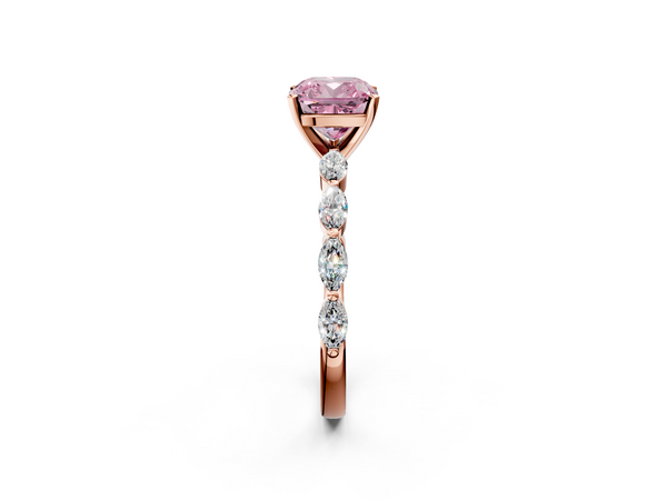 Rose gold Fancy Pink Cushion Cut Diamond Ring with Marquise Side Stones and Prong Setting