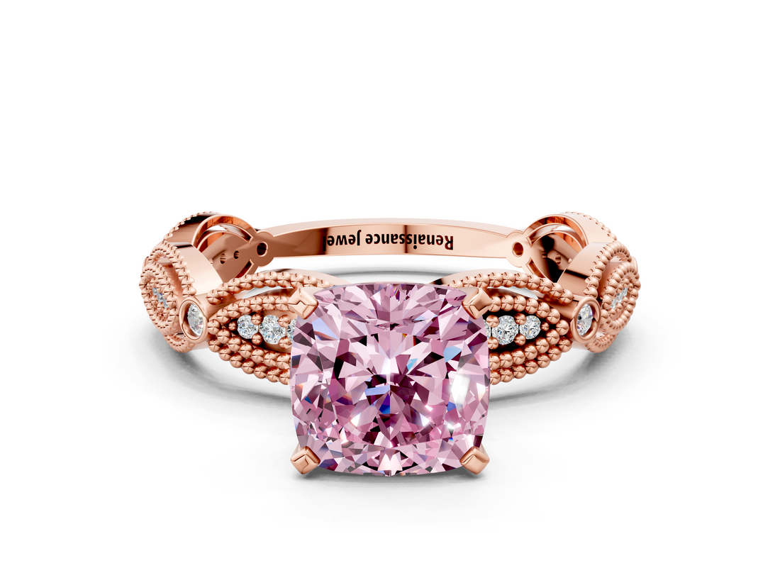 Rose gold Fancy Pink Cushion  Solitaire Milgrain Diamond Engagement Ring with Bezel and Marquise Band_80