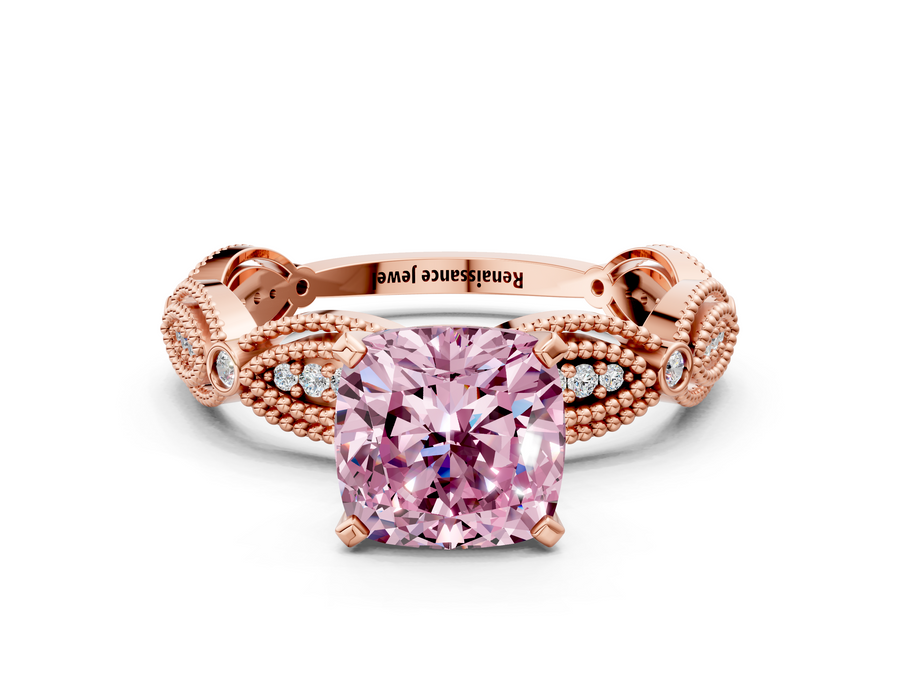 Rose gold Fancy Pink Cushion  Solitaire Milgrain Diamond Engagement Ring with Bezel and Marquise Band