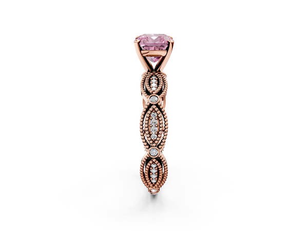 Rose gold Fancy Pink Cushion  Solitaire Milgrain Diamond Engagement Ring with Bezel and Marquise Band