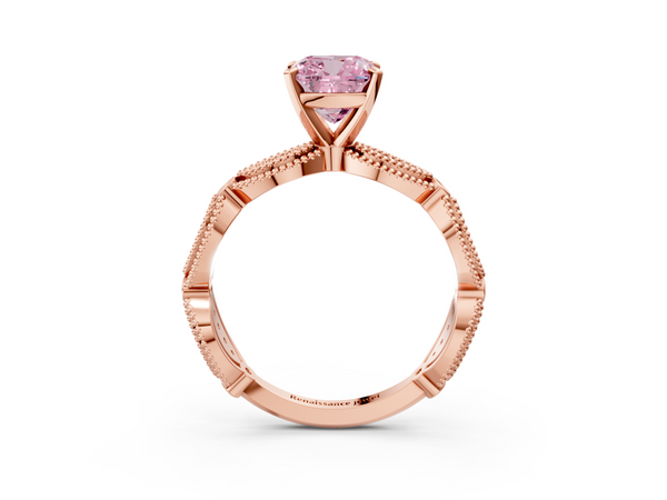 Rose gold Fancy Pink Cushion  Solitaire Milgrain Diamond Engagement Ring with Bezel and Marquise Band