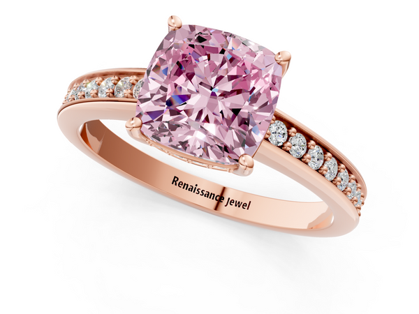 Rose gold Fancy Pink Cushion  Solitaire Pavé Band Prong Setting Ring