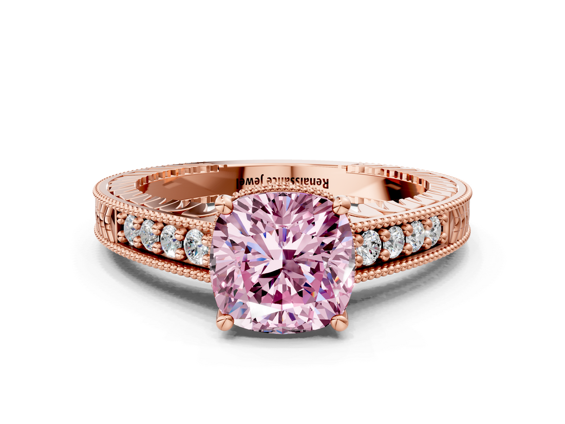 Rose gold Fancy Pink Cushion  Solitaire Pavé Diamond Milgrain Engagement Ring with Four-Prong Setting_3