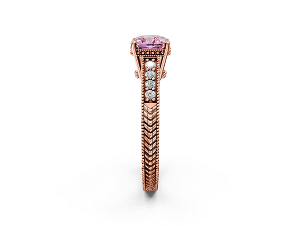 Rose gold Fancy Pink Cushion  Solitaire Pavé Diamond Milgrain Engagement Ring with Four-Prong Setting