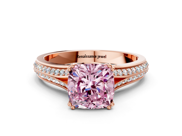 Rose gold Fancy Pink Cushion Cut Diamond Split Shank Engagement Ring with Pavé Band