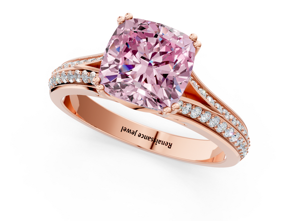 Rose gold Fancy Pink Cushion Cut Diamond Split Shank Engagement Ring with Pavé Band