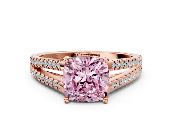 Rose gold Fancy Pink Cushion Cut Diamond Solitaire Engagement Ring with Split Shank Pavé Band