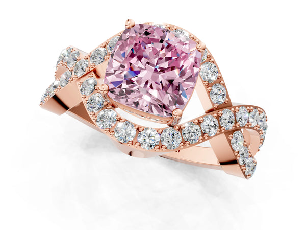 Rose gold Fancy Pink Cushion  Solitaire Twist Band Pavé Diamond Engagement Ring