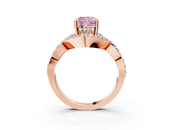 Rose gold Fancy Pink Cushion  Solitaire Twist Band Pavé Diamond Engagement Ring