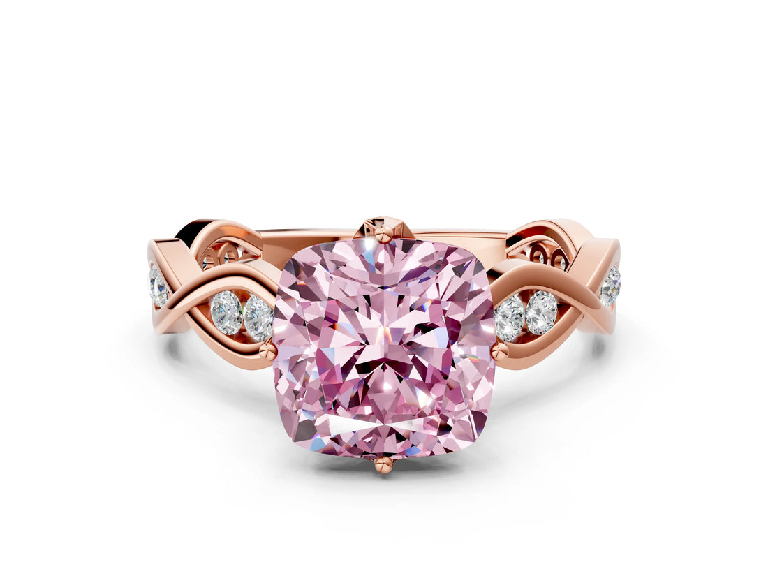 Rose gold Fancy Pink Cushion  Solitaire Twist Band with Leaf Prong Setting