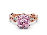 Rose gold Fancy Pink Cushion  Solitaire Twist Band with Leaf Prong Setting