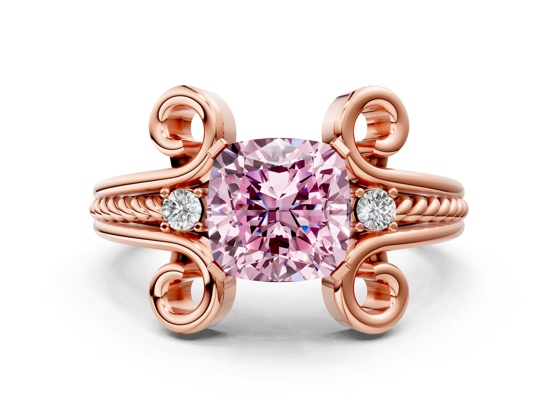 Rose gold Fancy Pink Cushion  Solitaire Twisted Band Scroll Prong Ring_3