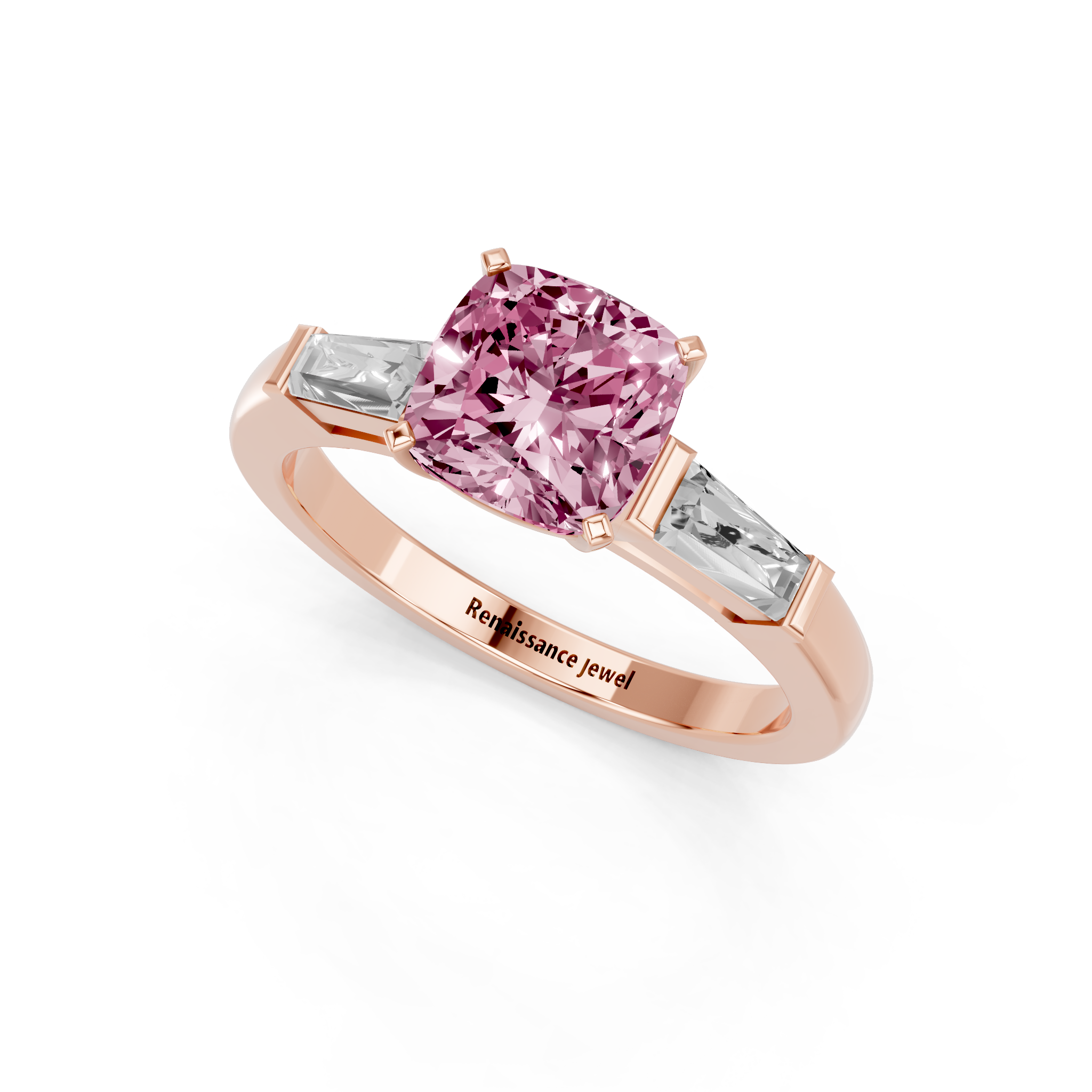 Rose gold Fancy Pink Cushion  Solitaire with Tapered Baguette Side Stones on a Classic Band with Four-Prong Setting