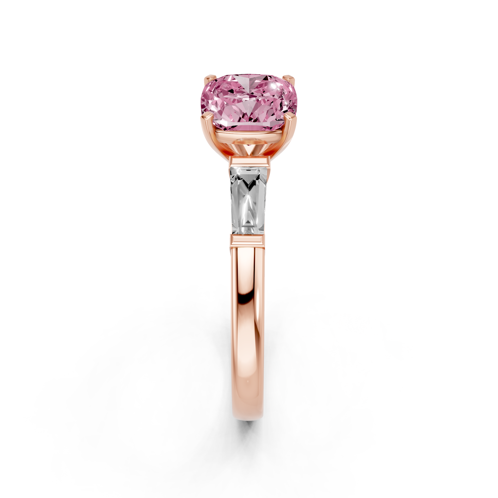 Rose gold Fancy Pink Cushion  Solitaire with Tapered Baguette Side Stones on a Classic Band with Four-Prong Setting_1