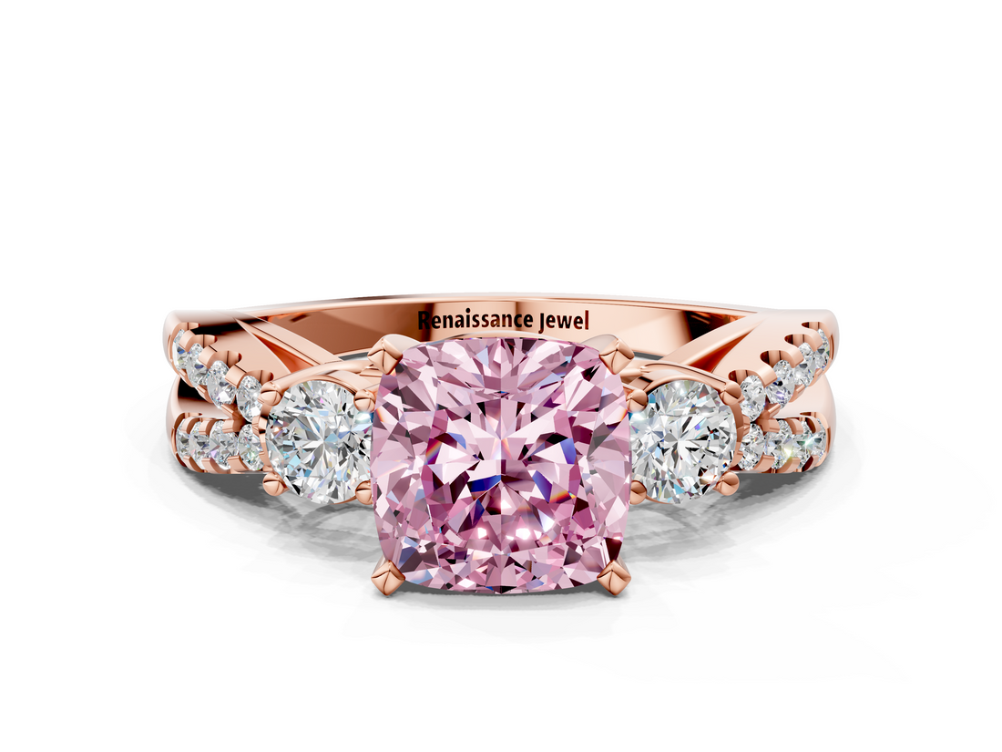 Rose gold Fancy Pink Cushion  Three-Stone Diamond Ring with Pavé Split Shank and Four-Prong Setting_45