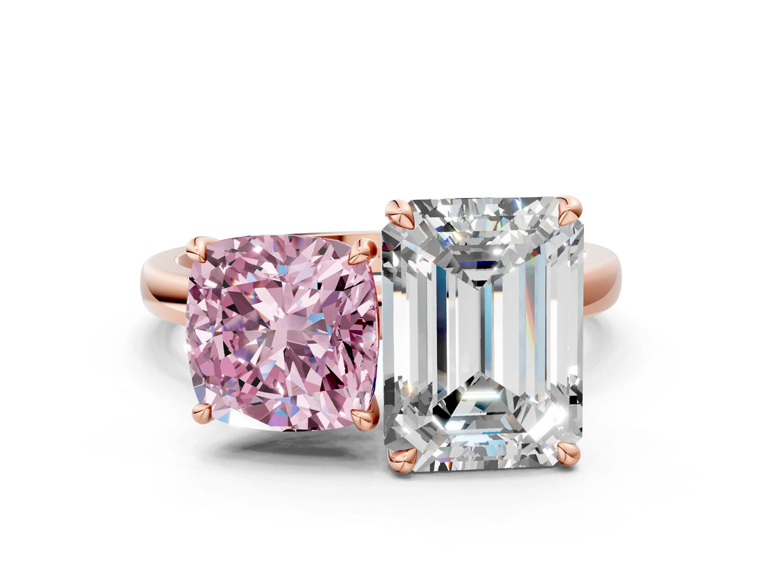 Rose gold Fancy Pink Cushion  and Emerald Cut Toi Moi Ring with Prong Setting_46