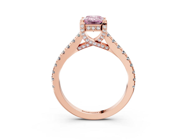 Rose gold Fancy Pink Emerald  Brilliant Diamond Solitaire with Pavé Band and Four-Prong Setting