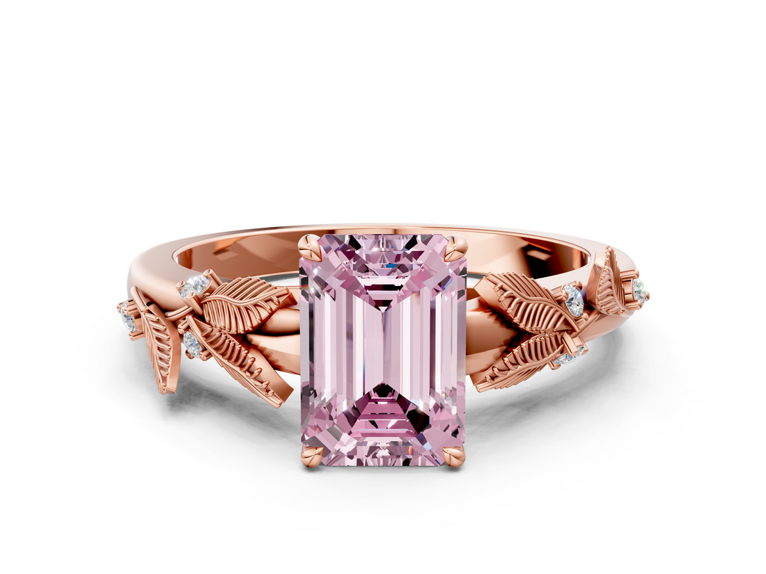 Rose gold Fancy Pink Emerald  Brilliant Solitaire with Leaf Motif Band and Four-Prong Setting_62