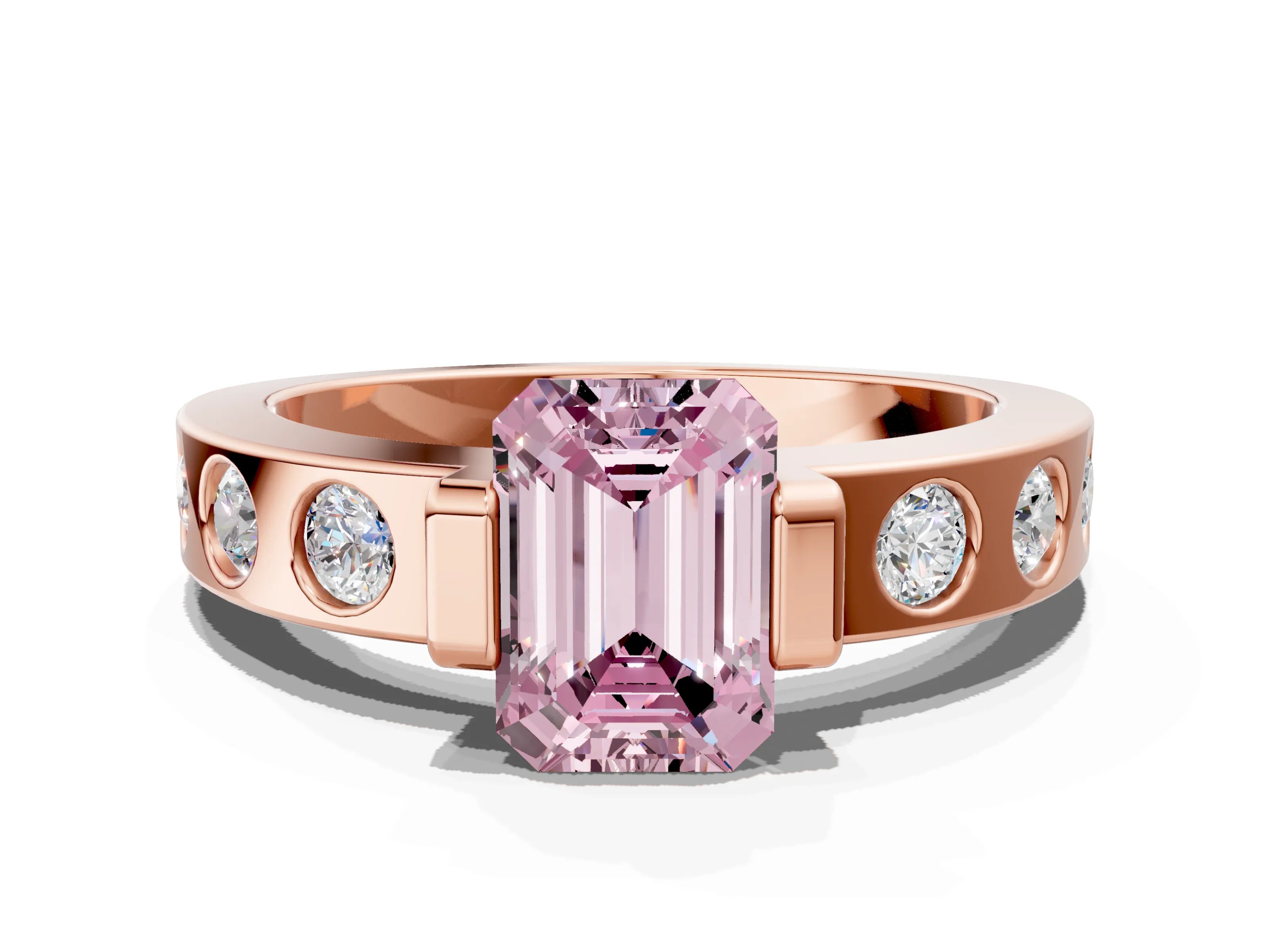 Rose gold Fancy Pink Emerald Cut Brilliant Channel-Set Diamond Ring with Bezel Prong Setting