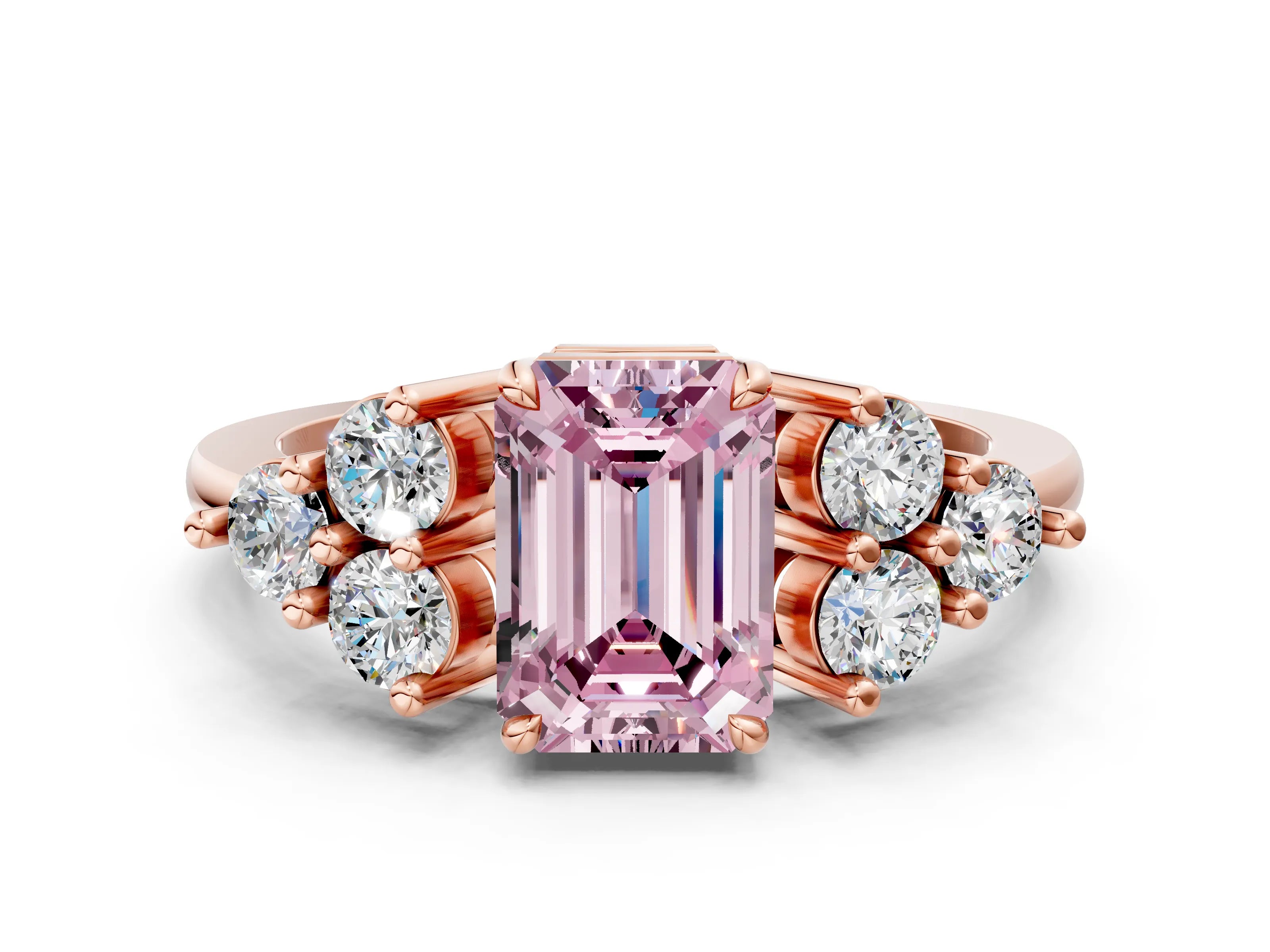 Rose gold Fancy Pink Emerald Cut Brilliant Diamond Cluster Accent Solitaire Ring with Prong Setting
