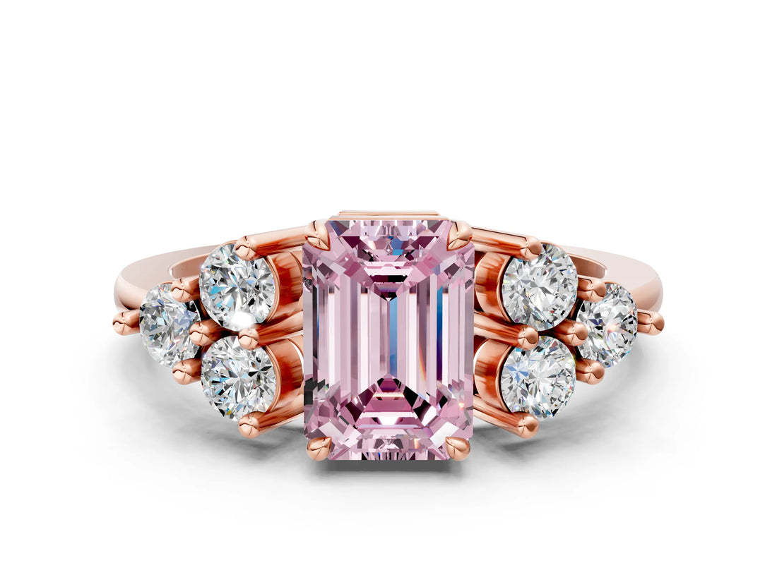Rose gold Fancy Pink Emerald Cut Brilliant Diamond Cluster Accent Solitaire Ring with Prong Setting