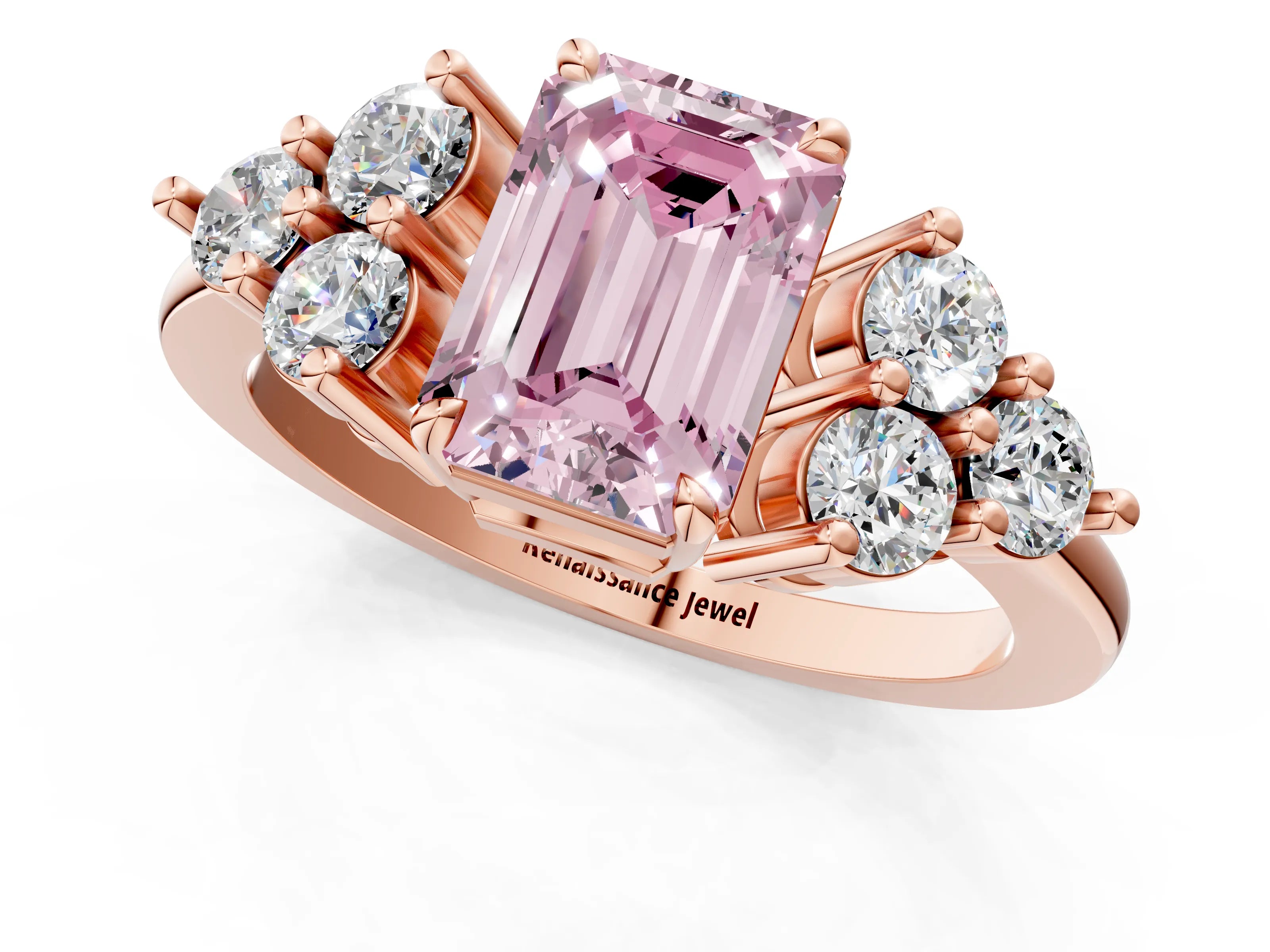 Rose gold Fancy Pink Emerald Cut Brilliant Diamond Cluster Accent Solitaire Ring with Prong Setting_1