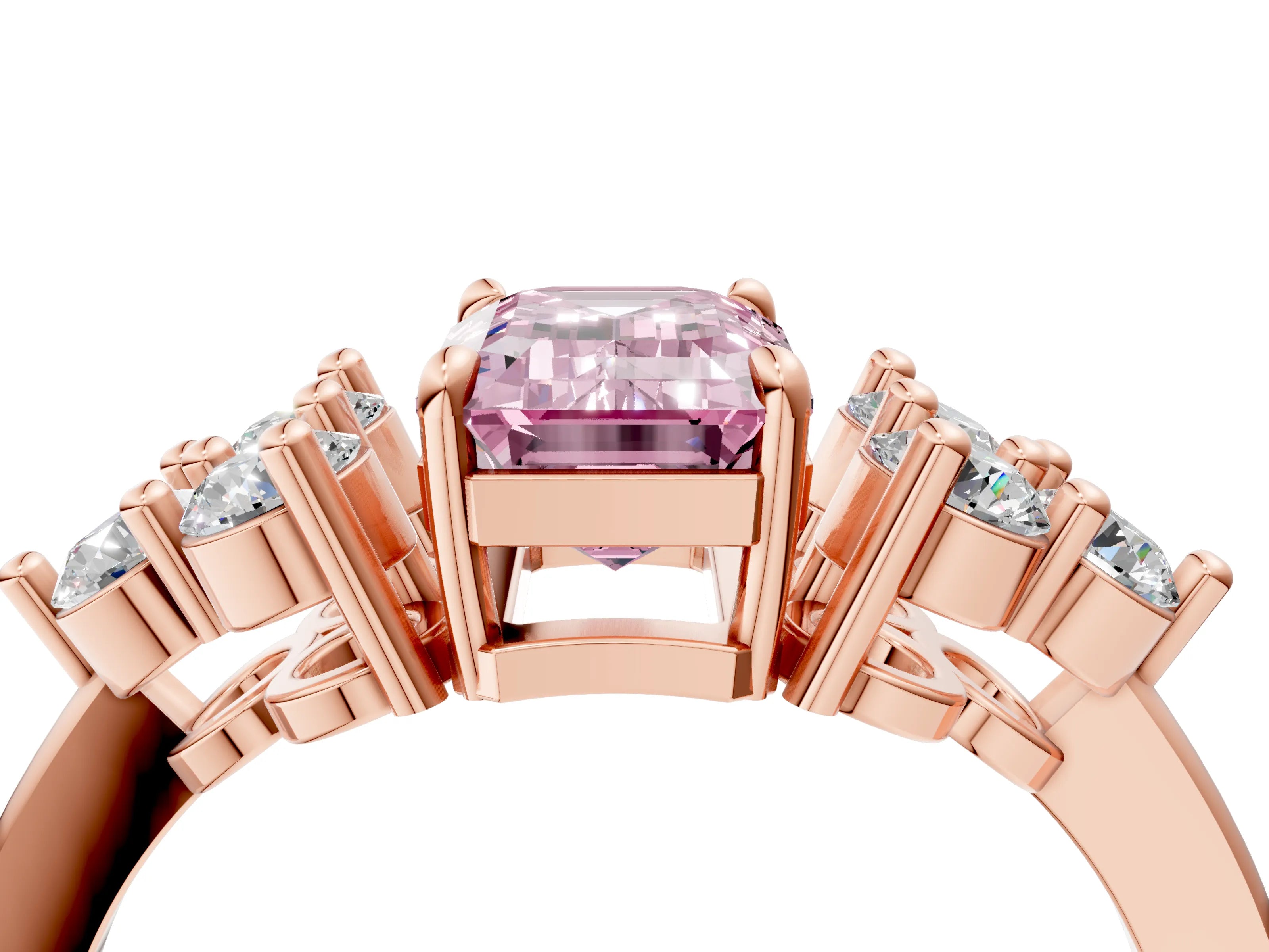 Rose gold Fancy Pink Emerald Cut Brilliant Diamond Cluster Accent Solitaire Ring with Prong Setting_4